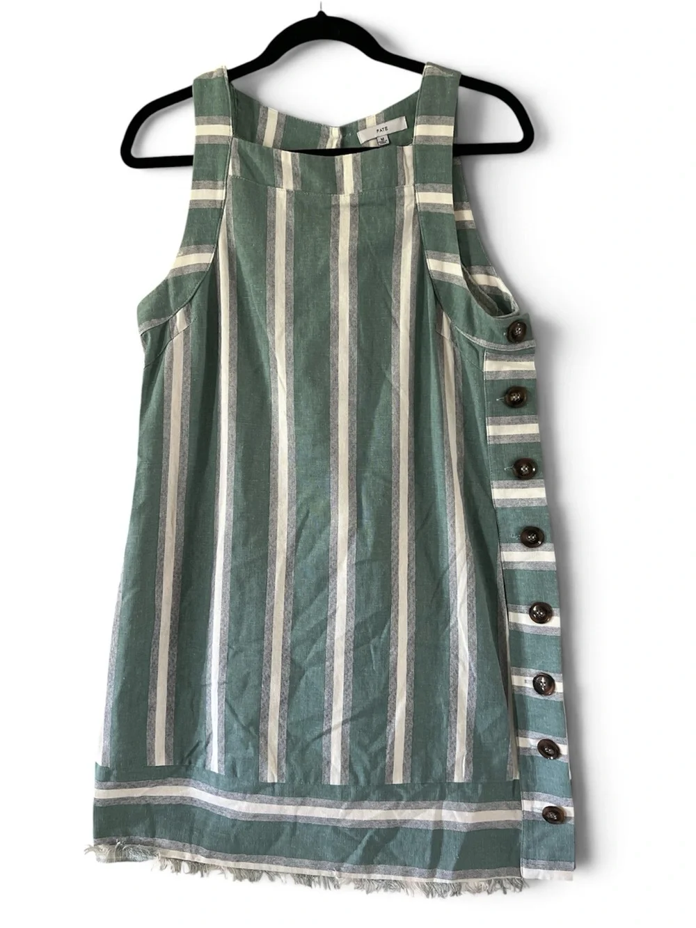 Fate Green and White Striped Sleeveless Button-Side Mini Dress